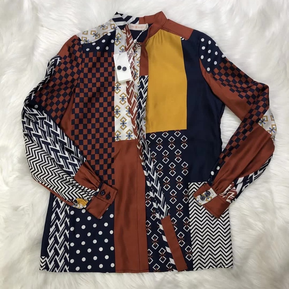 NWT Tory Burch Vivian Patchwork Silk Blouse - Picture 6 of 6